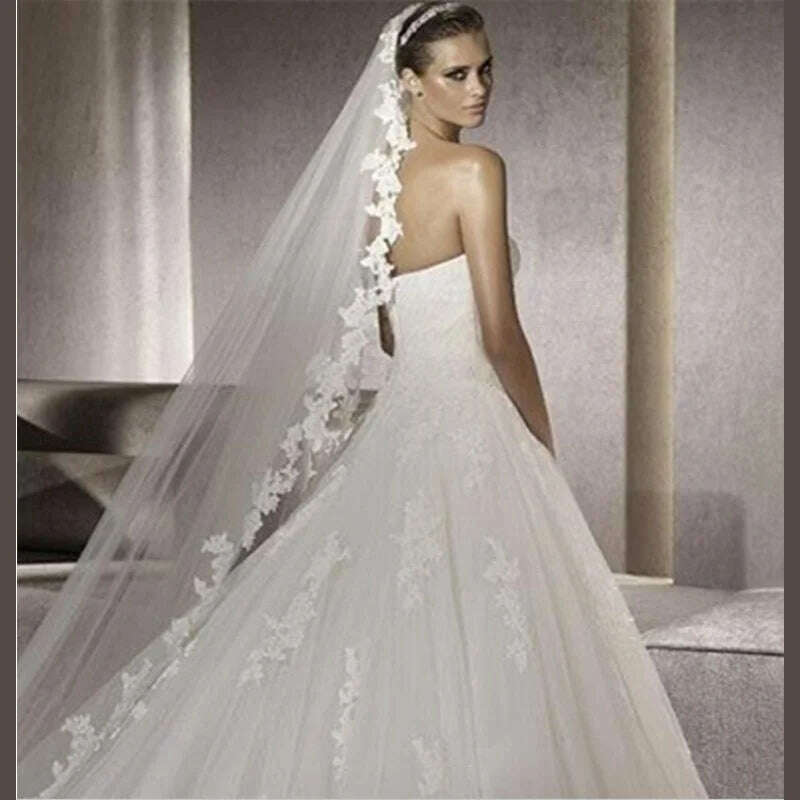 KIMLUD, White Lace Bridal Edge Veils Hot Sale 300CM Cathedral Bridal Veil Custom Made Ivory Tulle Wedding Accessories For Bride, KIMLUD Womens Clothes