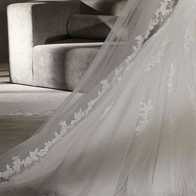 KIMLUD, White Lace Bridal Edge Veils Hot Sale 300CM Cathedral Bridal Veil Custom Made Ivory Tulle Wedding Accessories For Bride, KIMLUD Womens Clothes