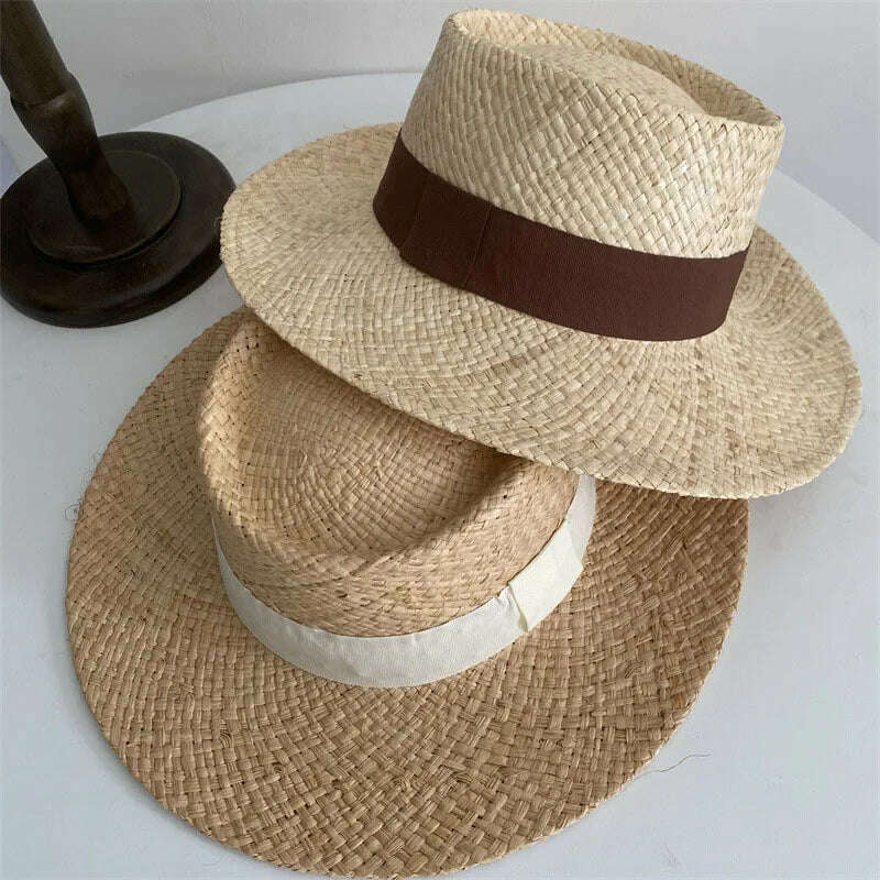 Wide Brim Straw Fedora Hat Ribbon Band Beach Hats Women Straw Woven Sun Hats Summer Holidaty Panama Hat - KIMLUD