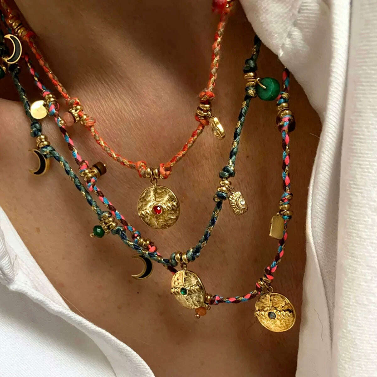 WILD & FREE Vintage Stainless Steel Charms Necklaces for Women Boho Pink Blue Rope Chains Bracelets Trendy Jewelry Sets - KIMLUD