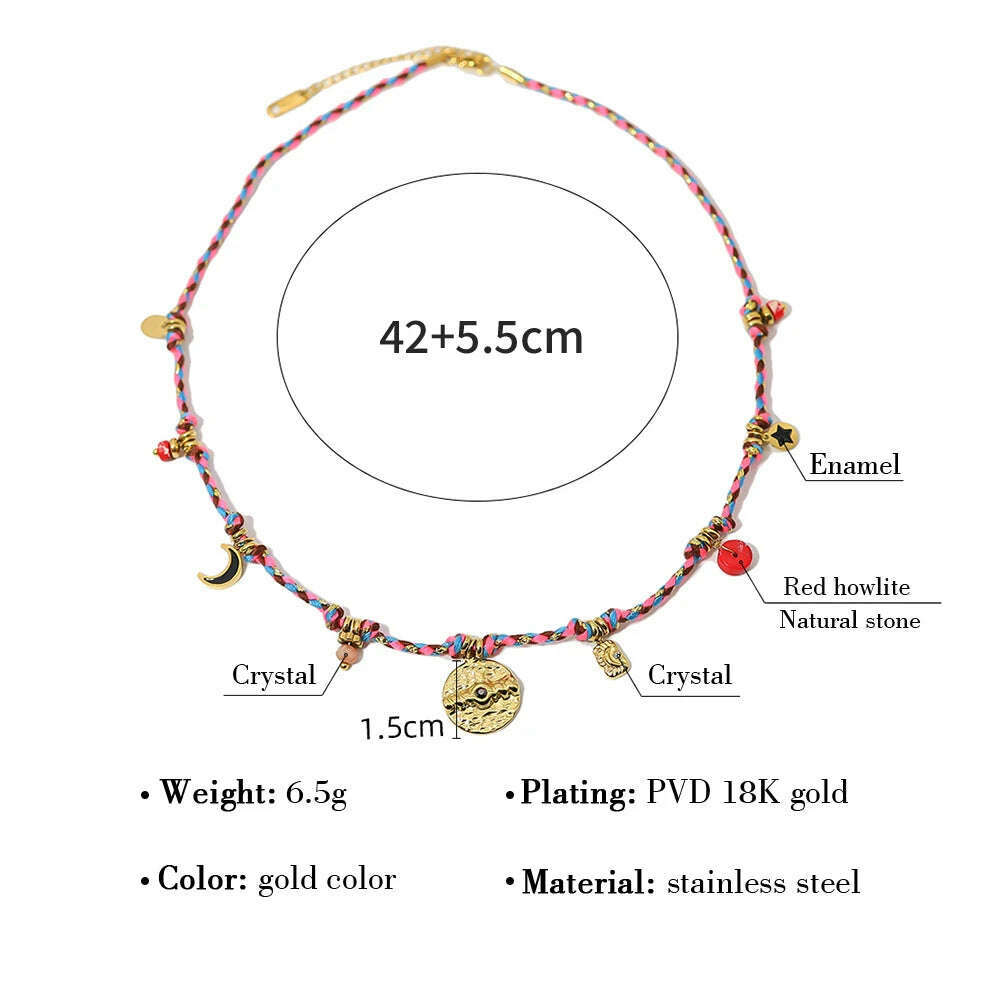 WILD & FREE Vintage Stainless Steel Charms Necklaces for Women Boho Pink Blue Rope Chains Bracelets Trendy Jewelry Sets - KIMLUD