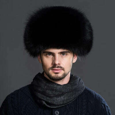 Winter Men's 100% Real Silver Fox Fur Aviator Bomber Hat Raccoon Fur Ushanka Cap Trapper Russian Man Ski Hats Caps Real Leather - KIMLUD