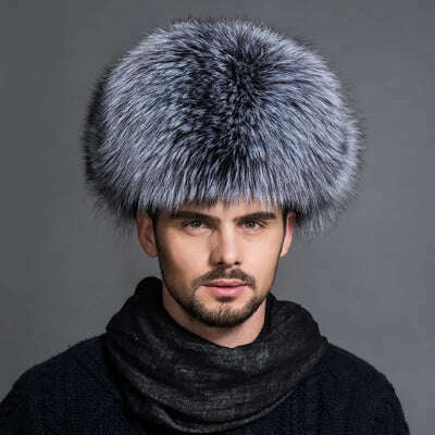 Winter Men's 100% Real Silver Fox Fur Aviator Bomber Hat Raccoon Fur Ushanka Cap Trapper Russian Man Ski Hats Caps Real Leather - KIMLUD
