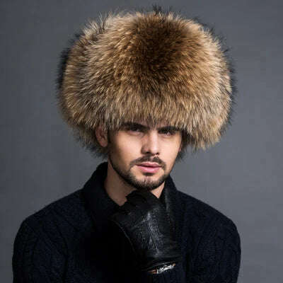 Winter Men's 100% Real Silver Fox Fur Aviator Bomber Hat Raccoon Fur Ushanka Cap Trapper Russian Man Ski Hats Caps Real Leather - KIMLUD