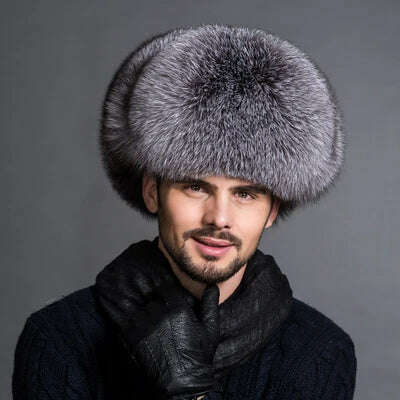 Winter Men's 100% Real Silver Fox Fur Aviator Bomber Hat Raccoon Fur Ushanka Cap Trapper Russian Man Ski Hats Caps Real Leather - KIMLUD