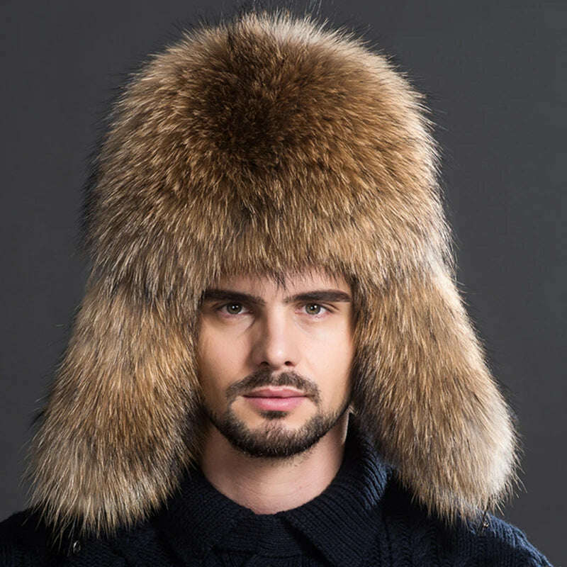 Winter Men's 100% Real Silver Fox Fur Aviator Bomber Hat Raccoon Fur Ushanka Cap Trapper Russian Man Ski Hats Caps Real Leather - KIMLUD