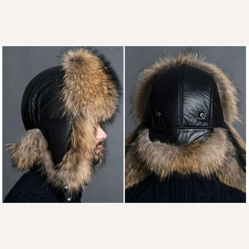 Winter Men's 100% Real Silver Fox Fur Aviator Bomber Hat Raccoon Fur Ushanka Cap Trapper Russian Man Ski Hats Caps Real Leather - KIMLUD