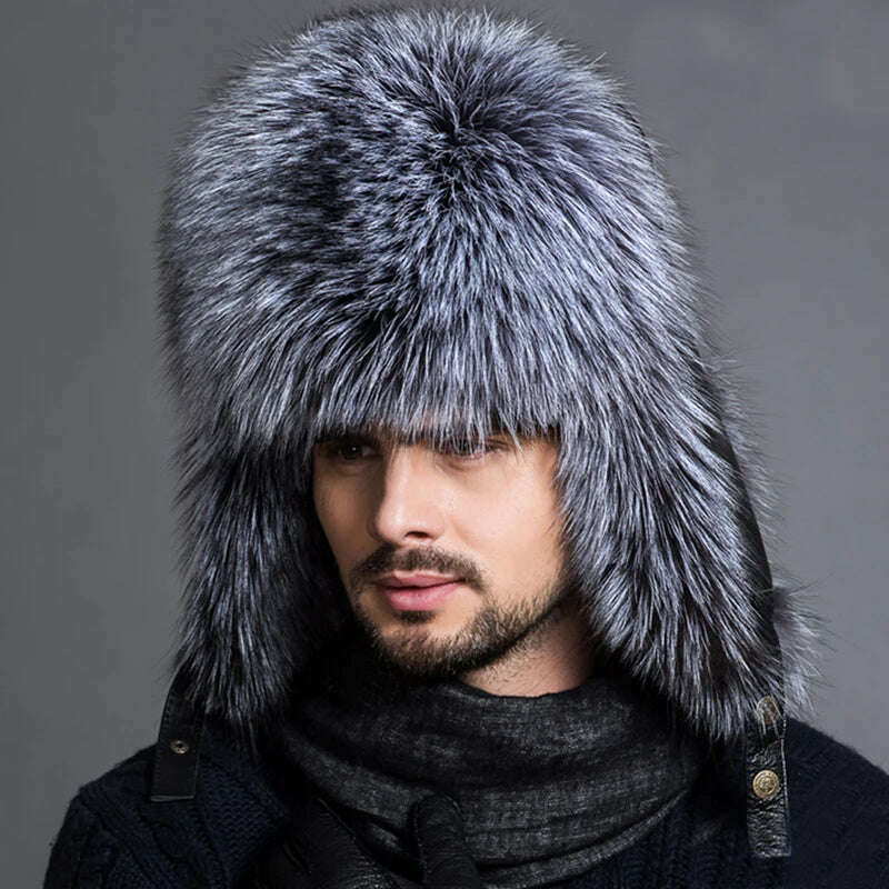 Winter Men's 100% Real Silver Fox Fur Aviator Bomber Hat Raccoon Fur Ushanka Cap Trapper Russian Man Ski Hats Caps Real Leather - KIMLUD