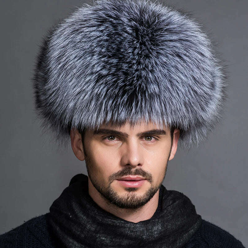 Winter Men's 100% Real Silver Fox Fur Aviator Bomber Hat Raccoon Fur Ushanka Cap Trapper Russian Man Ski Hats Caps Real Leather - KIMLUD