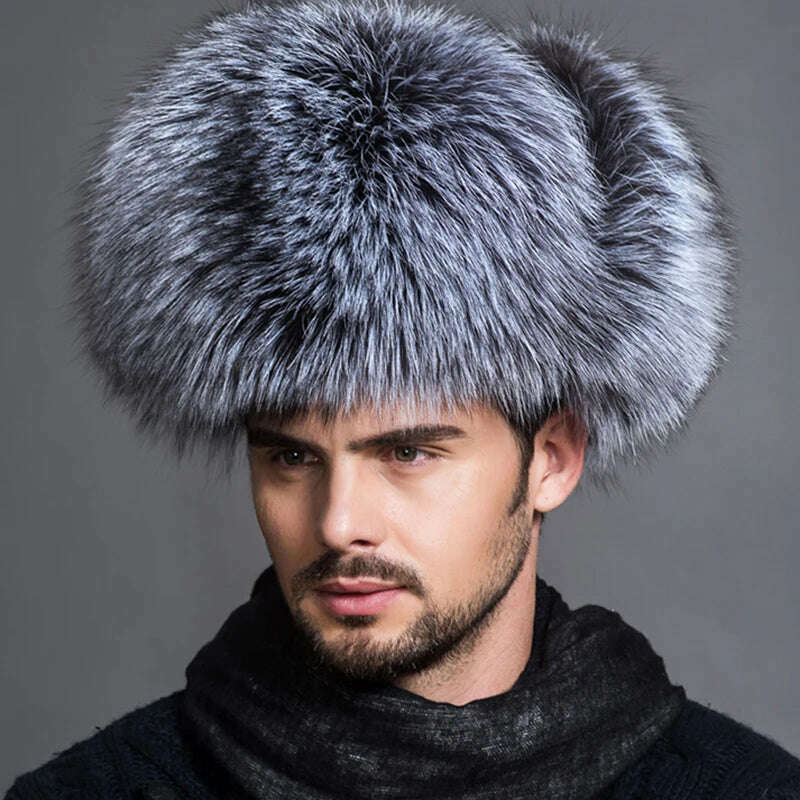 Winter Men's 100% Real Silver Fox Fur Aviator Bomber Hat Raccoon Fur Ushanka Cap Trapper Russian Man Ski Hats Caps Real Leather - KIMLUD