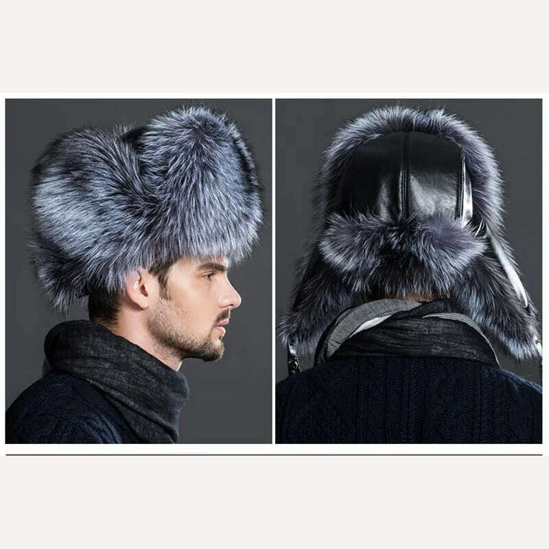 Winter Men's 100% Real Silver Fox Fur Aviator Bomber Hat Raccoon Fur Ushanka Cap Trapper Russian Man Ski Hats Caps Real Leather - KIMLUD