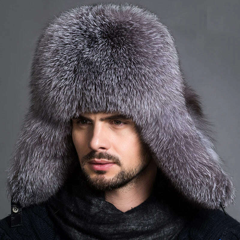 Winter Men's 100% Real Silver Fox Fur Aviator Bomber Hat Raccoon Fur Ushanka Cap Trapper Russian Man Ski Hats Caps Real Leather - KIMLUD
