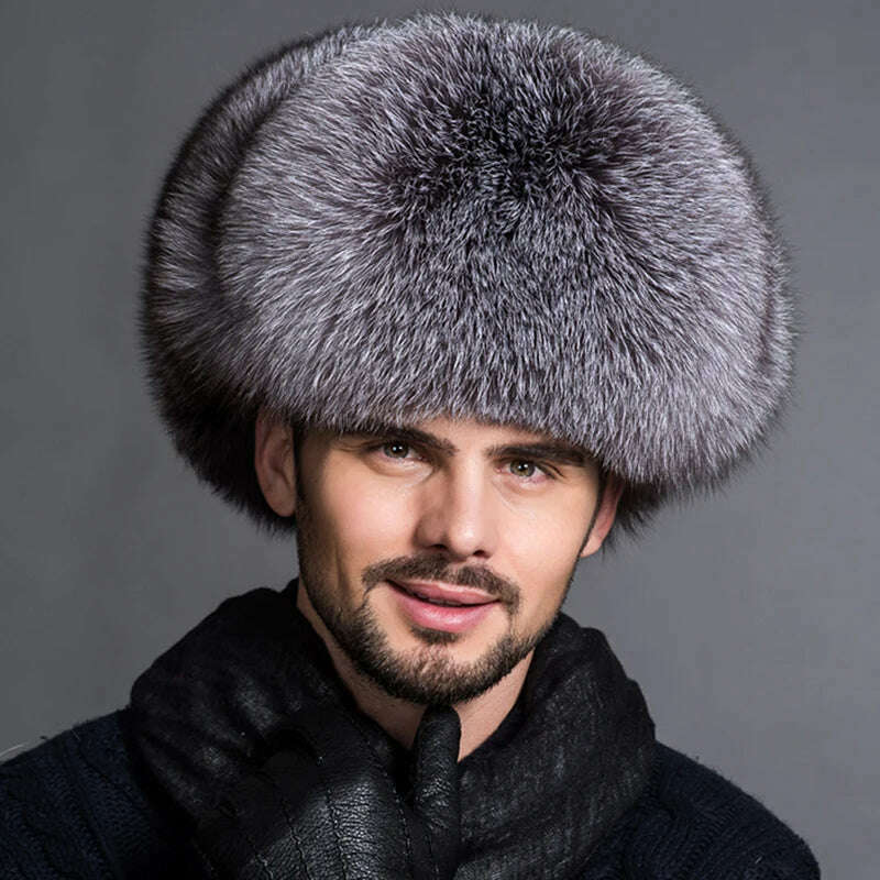 Winter Men's 100% Real Silver Fox Fur Aviator Bomber Hat Raccoon Fur Ushanka Cap Trapper Russian Man Ski Hats Caps Real Leather - KIMLUD
