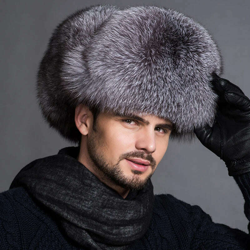 Winter Men's 100% Real Silver Fox Fur Aviator Bomber Hat Raccoon Fur Ushanka Cap Trapper Russian Man Ski Hats Caps Real Leather - KIMLUD