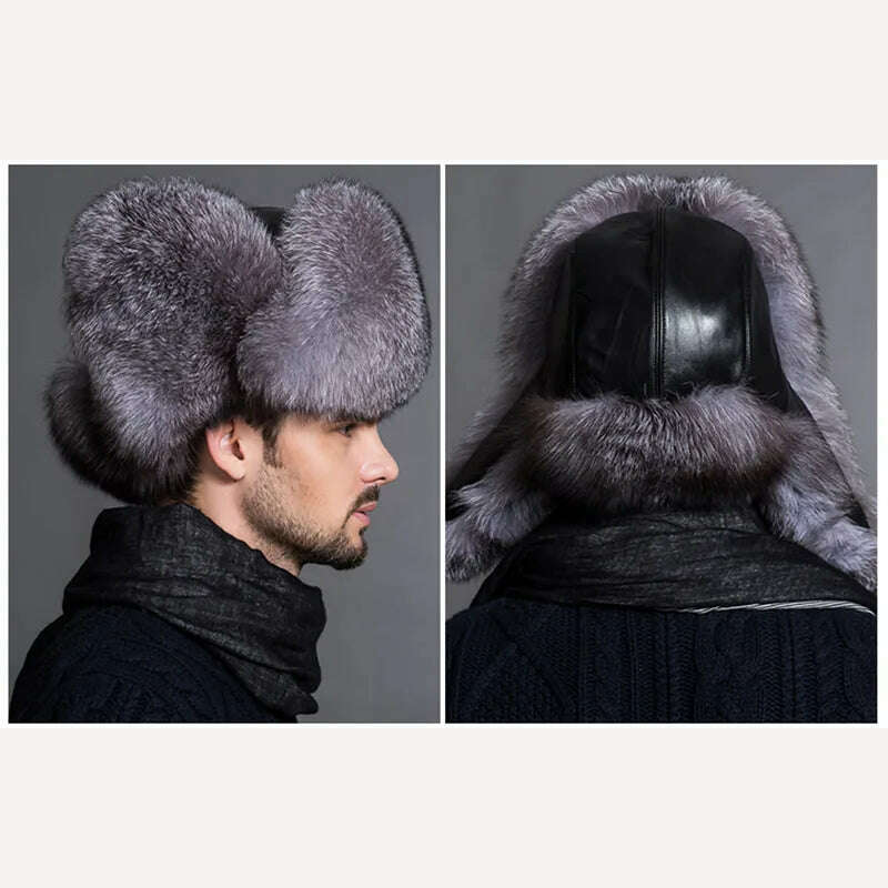 Winter Men's 100% Real Silver Fox Fur Aviator Bomber Hat Raccoon Fur Ushanka Cap Trapper Russian Man Ski Hats Caps Real Leather - KIMLUD