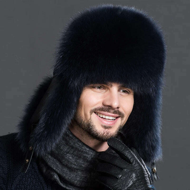 Winter Men's 100% Real Silver Fox Fur Aviator Bomber Hat Raccoon Fur Ushanka Cap Trapper Russian Man Ski Hats Caps Real Leather - KIMLUD