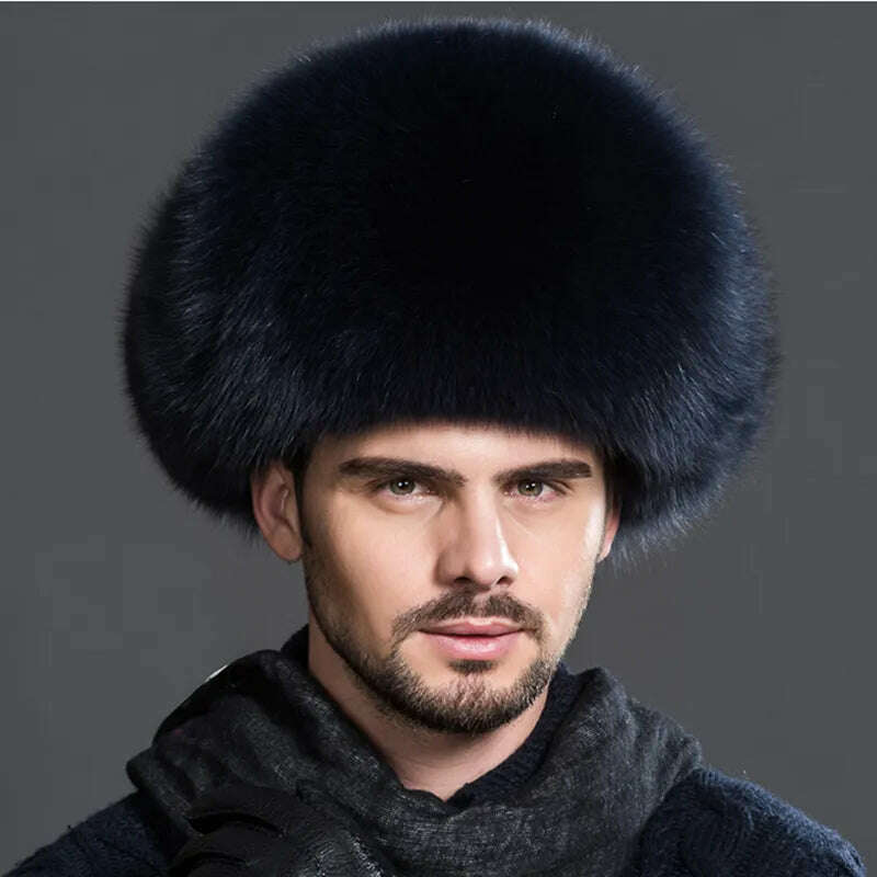 Winter Men's 100% Real Silver Fox Fur Aviator Bomber Hat Raccoon Fur Ushanka Cap Trapper Russian Man Ski Hats Caps Real Leather - KIMLUD