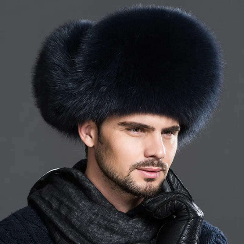 Winter Men's 100% Real Silver Fox Fur Aviator Bomber Hat Raccoon Fur Ushanka Cap Trapper Russian Man Ski Hats Caps Real Leather - KIMLUD