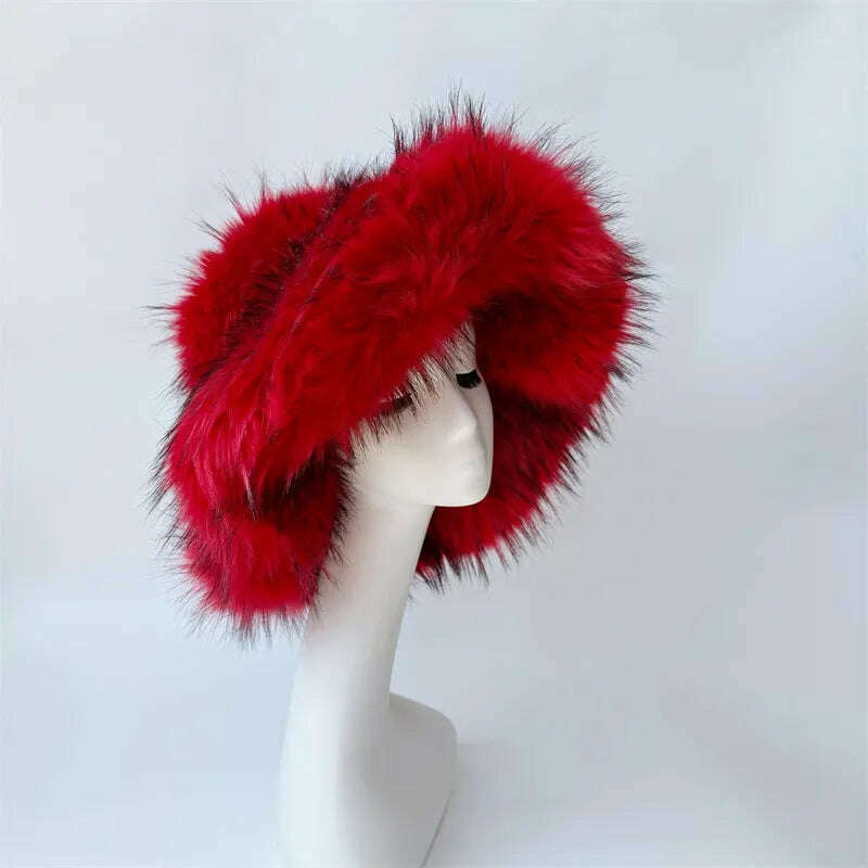 Winter Warm Faux Fur Bucket Hats For Women Girl Big Faux Fur Fluffy Luxury Plush Fisherman Caps Fashion Outdoor Ski Hat - KIMLUD