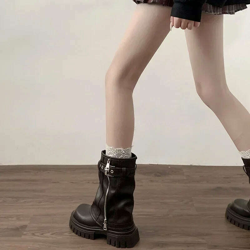 Winter Women Biker Boots Fashion Belt Buckle Ladies Elegant Platform Flats Short Booties Casual Women's Knight Booties - KIMLUD