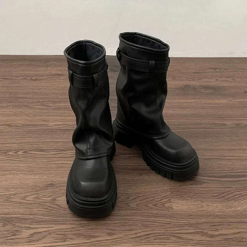 Winter Women Biker Boots Fashion Belt Buckle Ladies Elegant Platform Flats Short Booties Casual Women's Knight Booties - KIMLUD