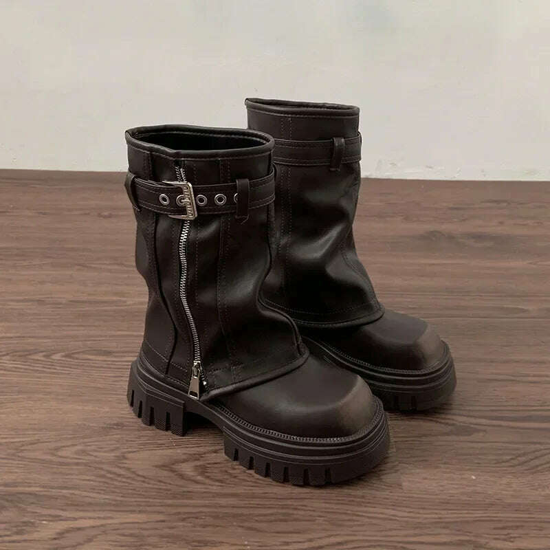 Winter Women Biker Boots Fashion Belt Buckle Ladies Elegant Platform Flats Short Booties Casual Women's Knight Booties - KIMLUD