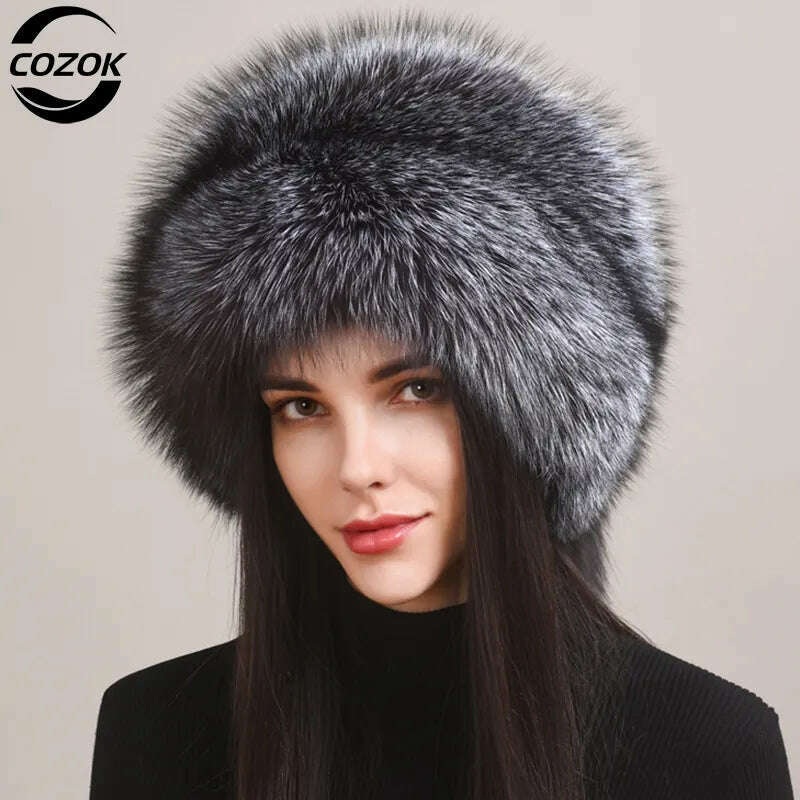 Winter Women Fur Cap Real Genuine Natural Fox Fur Hats Headgear Russian Outdoor Girls Beanies Cap Ladies Warm Fashion Bomber Hat - KIMLUD