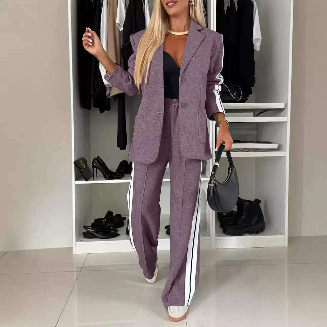 KIMLUD, Women 2pcs Clothes Set Stripes Printed Long Sleeve Blazer Jacket & High Waist Long Pants Office Lady, KIMLUD Womens Clothes