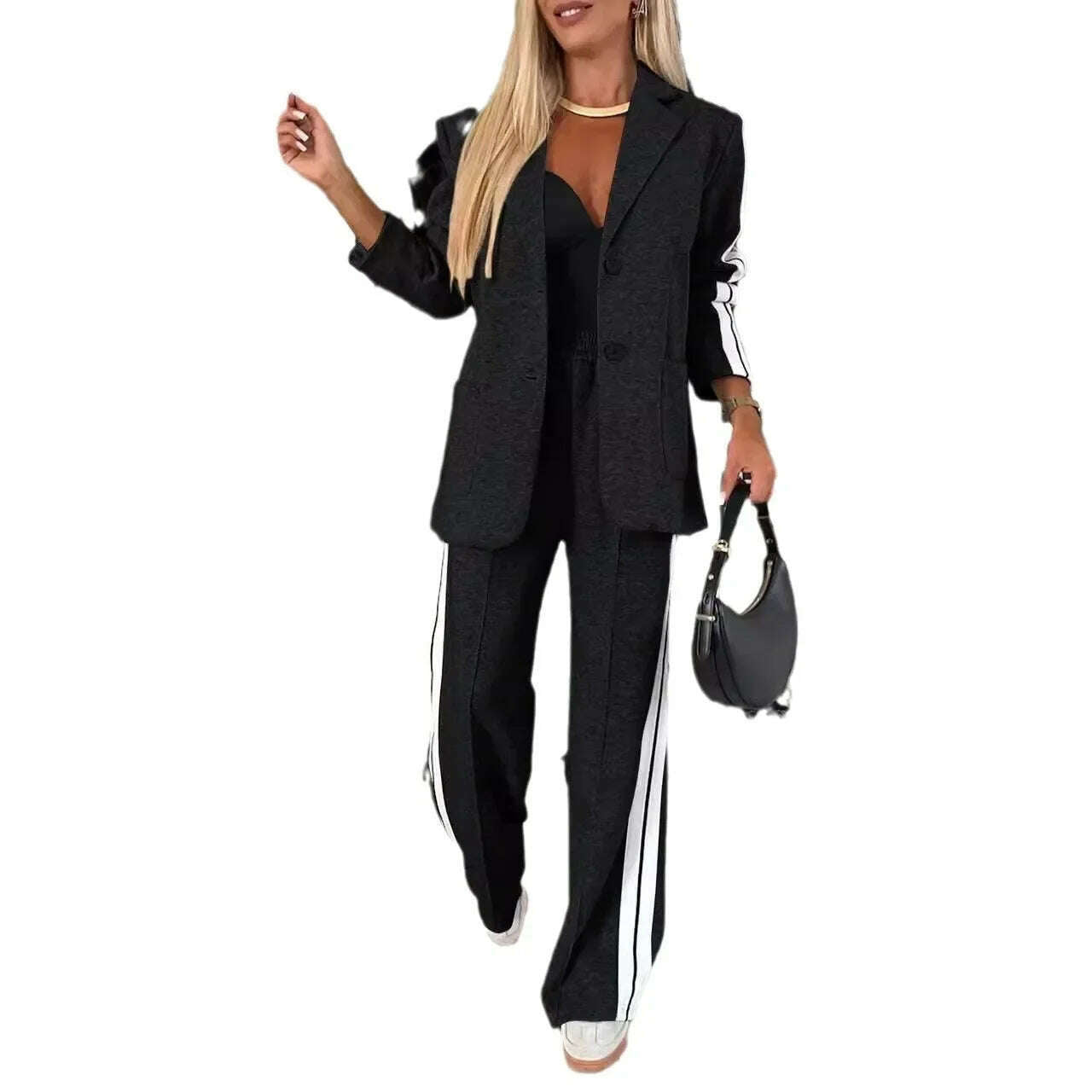 KIMLUD, Women 2pcs Clothes Set Stripes Printed Long Sleeve Blazer Jacket & High Waist Long Pants Office Lady, KIMLUD Womens Clothes
