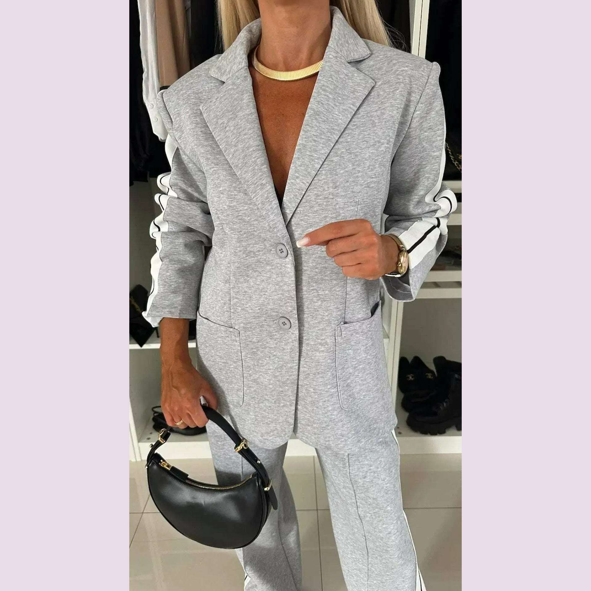 KIMLUD, Women 2pcs Clothes Set Stripes Printed Long Sleeve Blazer Jacket & High Waist Long Pants Office Lady, KIMLUD Womens Clothes