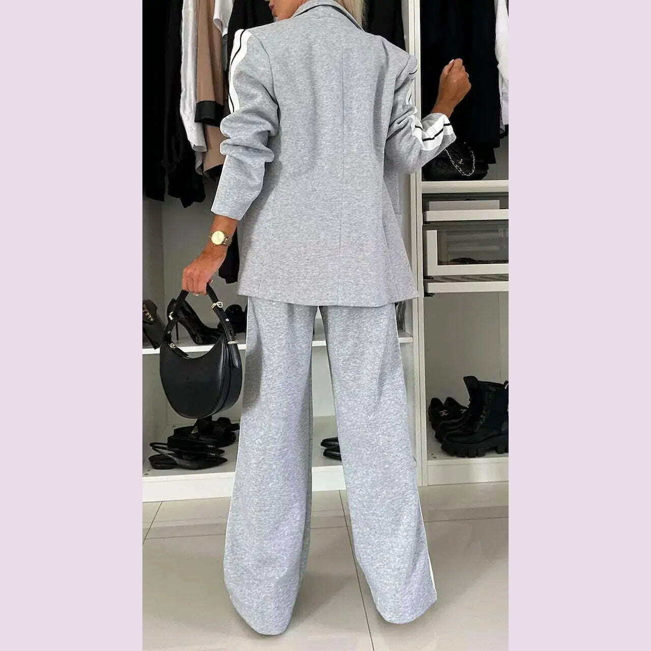 KIMLUD, Women 2pcs Clothes Set Stripes Printed Long Sleeve Blazer Jacket & High Waist Long Pants Office Lady, KIMLUD Womens Clothes