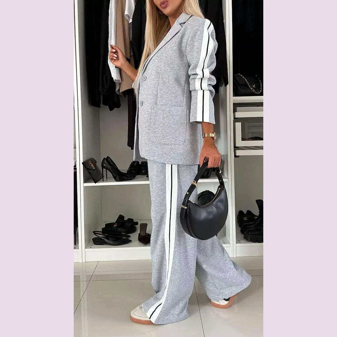 KIMLUD, Women 2pcs Clothes Set Stripes Printed Long Sleeve Blazer Jacket & High Waist Long Pants Office Lady, KIMLUD Womens Clothes