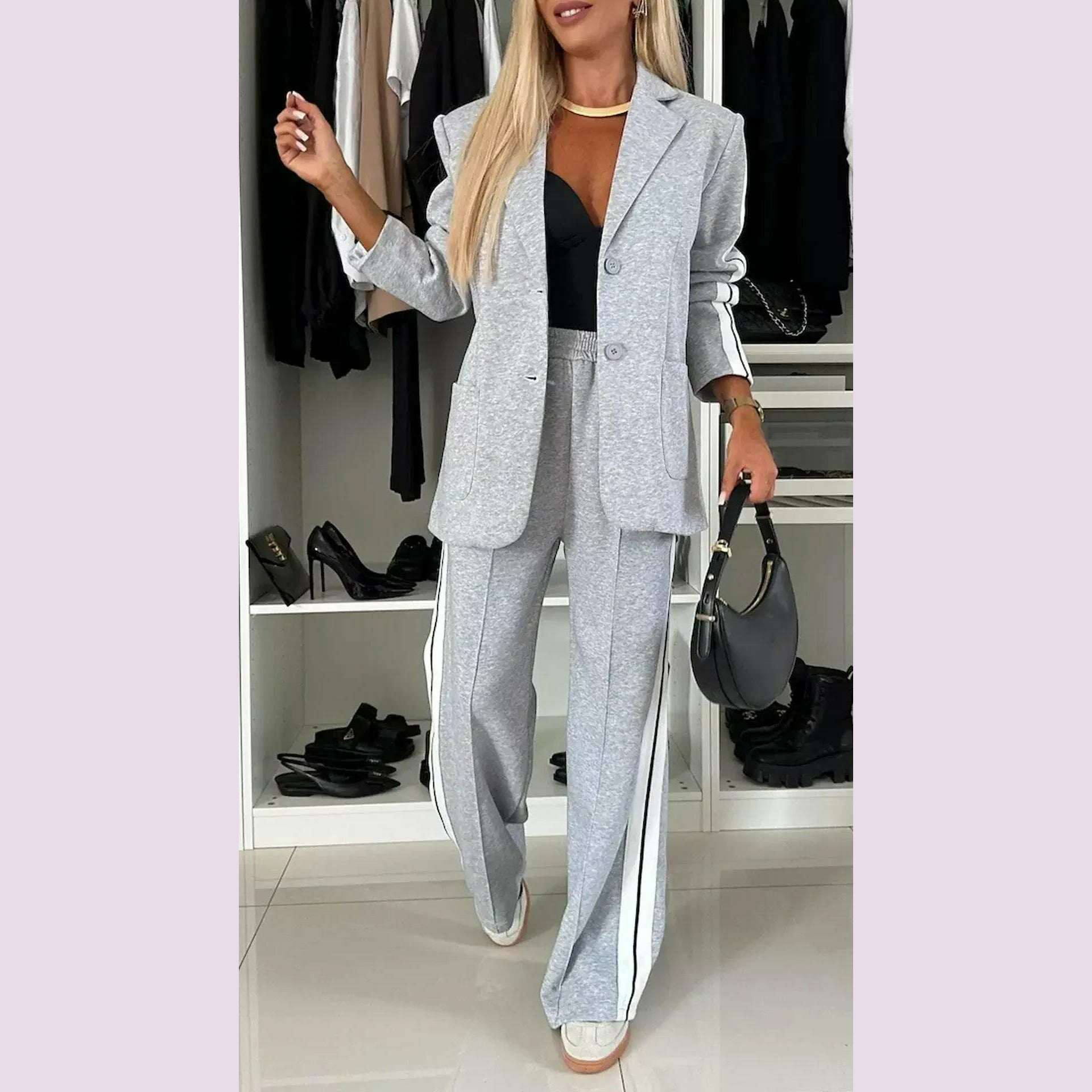 KIMLUD, Women 2pcs Clothes Set Stripes Printed Long Sleeve Blazer Jacket & High Waist Long Pants Office Lady, Light Grey / XXL, KIMLUD APPAREL - Womens Clothes