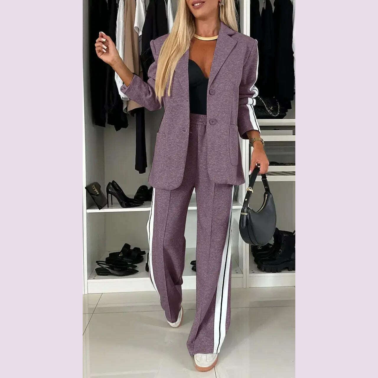 KIMLUD, Women 2pcs Clothes Set Stripes Printed Long Sleeve Blazer Jacket & High Waist Long Pants Office Lady, Purple / S, KIMLUD APPAREL - Womens Clothes