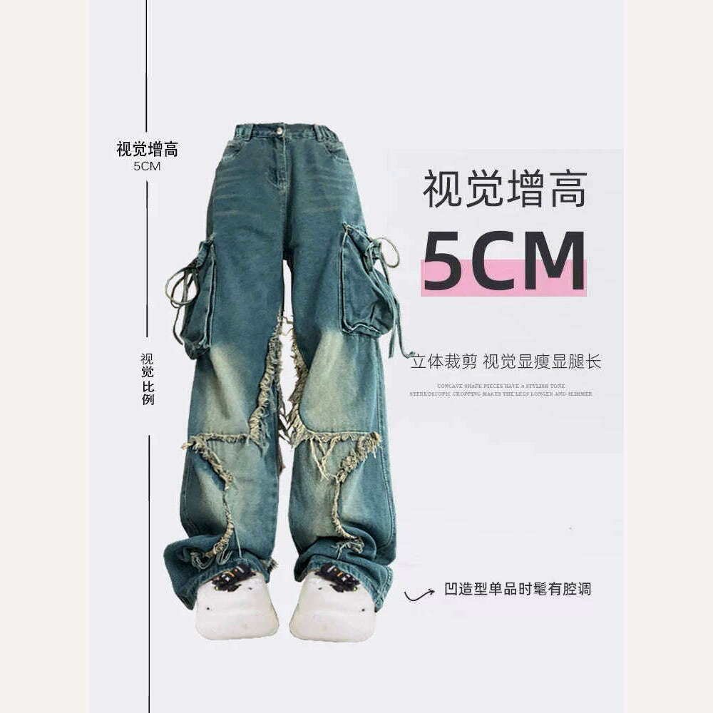 Women Blue Cargo Jeans Baggy Vintage 90s Aesthetic High Waist Cowboy Pants Harajuku Denim Trousers Y2k Trashy 2000s Clothes 2024 - KIMLUD
