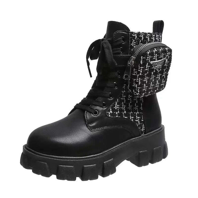 Women Boots New In Motorcycle Ankle Boots Wedges Female Lace Up Platforms White Black Leather Oxford Shoes Women Boots Mujer Bag - KIMLUD