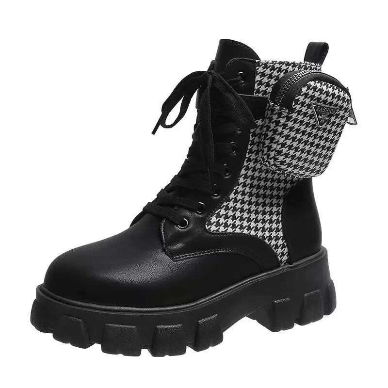 Women Boots New In Motorcycle Ankle Boots Wedges Female Lace Up Platforms White Black Leather Oxford Shoes Women Boots Mujer Bag - KIMLUD