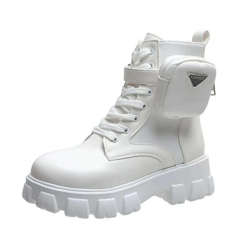 Women Boots New In Motorcycle Ankle Boots Wedges Female Lace Up Platforms White Black Leather Oxford Shoes Women Boots Mujer Bag - KIMLUD