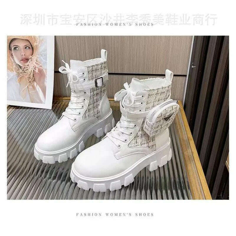 Women Boots New In Motorcycle Ankle Boots Wedges Female Lace Up Platforms White Black Leather Oxford Shoes Women Boots Mujer Bag - KIMLUD