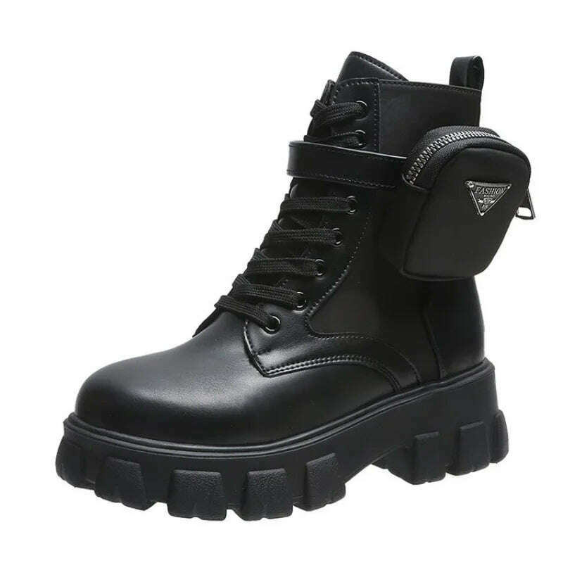 Women Boots New In Motorcycle Ankle Boots Wedges Female Lace Up Platforms White Black Leather Oxford Shoes Women Boots Mujer Bag - KIMLUD