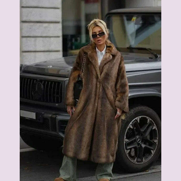 KIMLUD, Women Brown Winter Faux Fur Oversized Coat Fashion Loosen Lapel Fluffy Thicken Warm Overcoat 2024 Female High Street Outerwear, as show / M, KIMLUD APPAREL - Womens Clothes