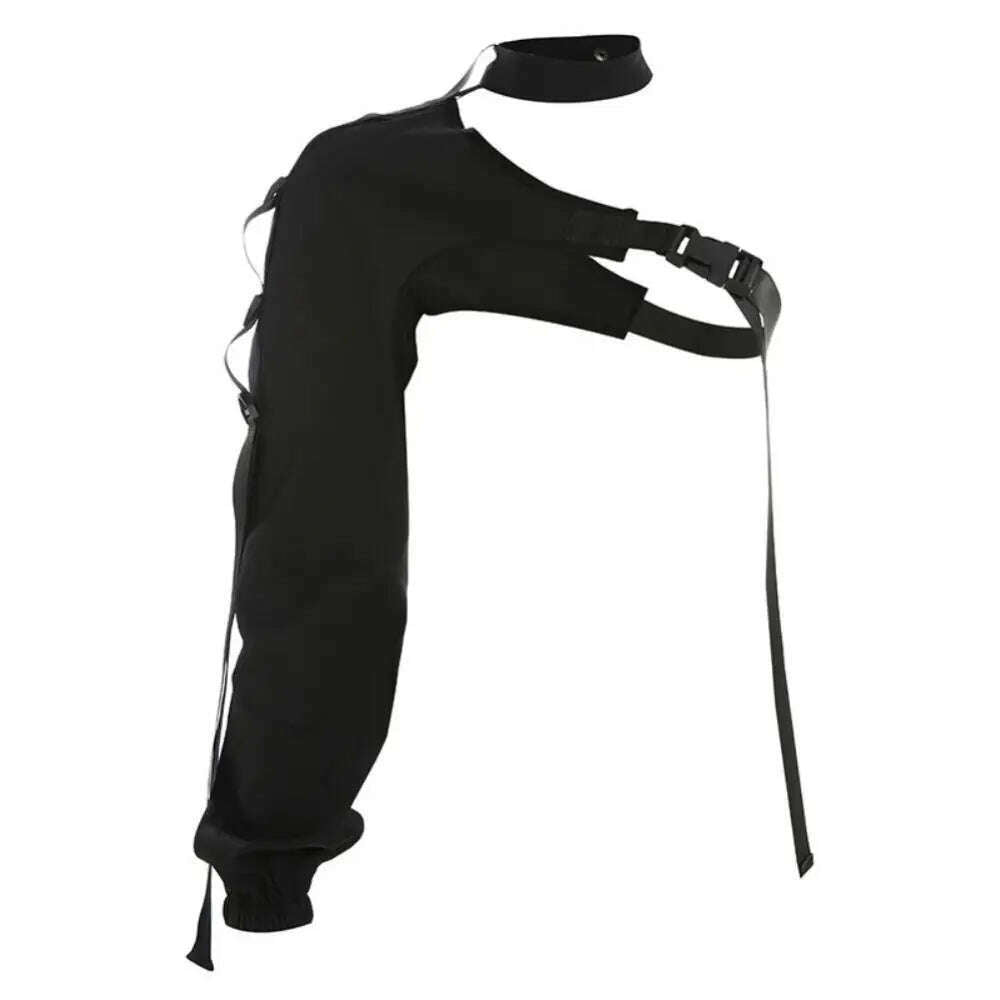 Women Chic Choker One Long Sleeve Strap Buckle Reflective Halter Smock Blouse Female Clothing - KIMLUD