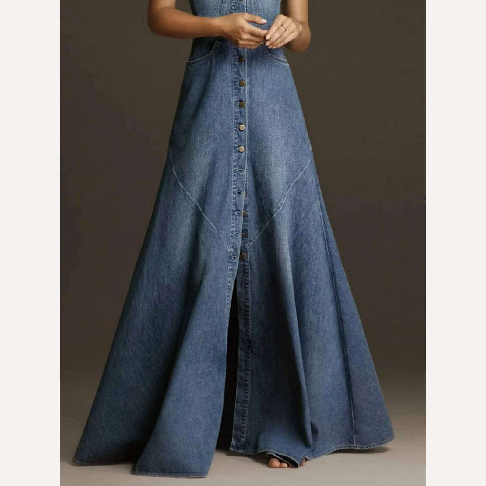 Women Denim Dress Sleeveless Square Collar Sling Jean Slim Fit Long Dress Summer Elegant Female Buttons Maxi Dress Solid Robes - KIMLUD