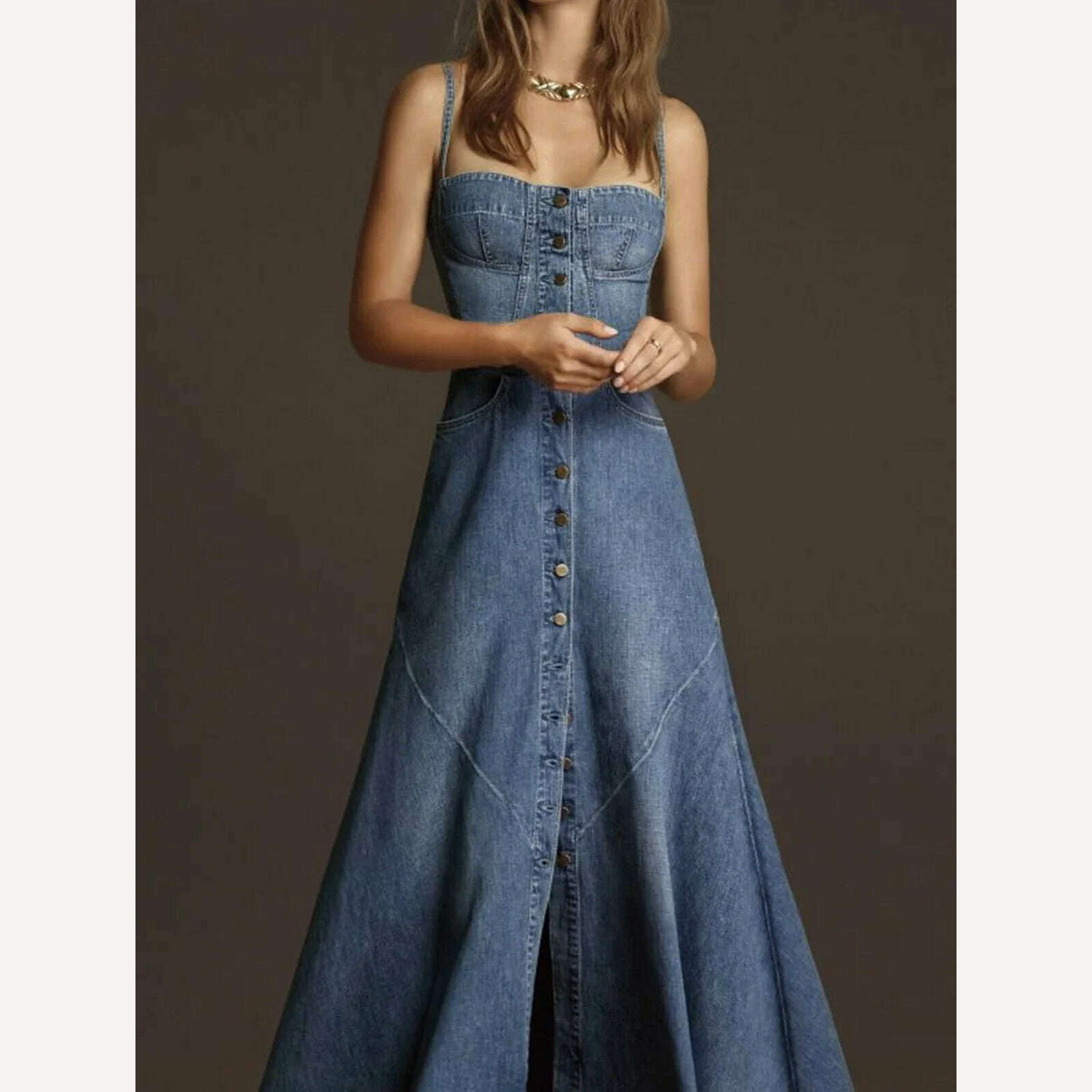 Women Denim Dress Sleeveless Square Collar Sling Jean Slim Fit Long Dress Summer Elegant Female Buttons Maxi Dress Solid Robes - KIMLUD