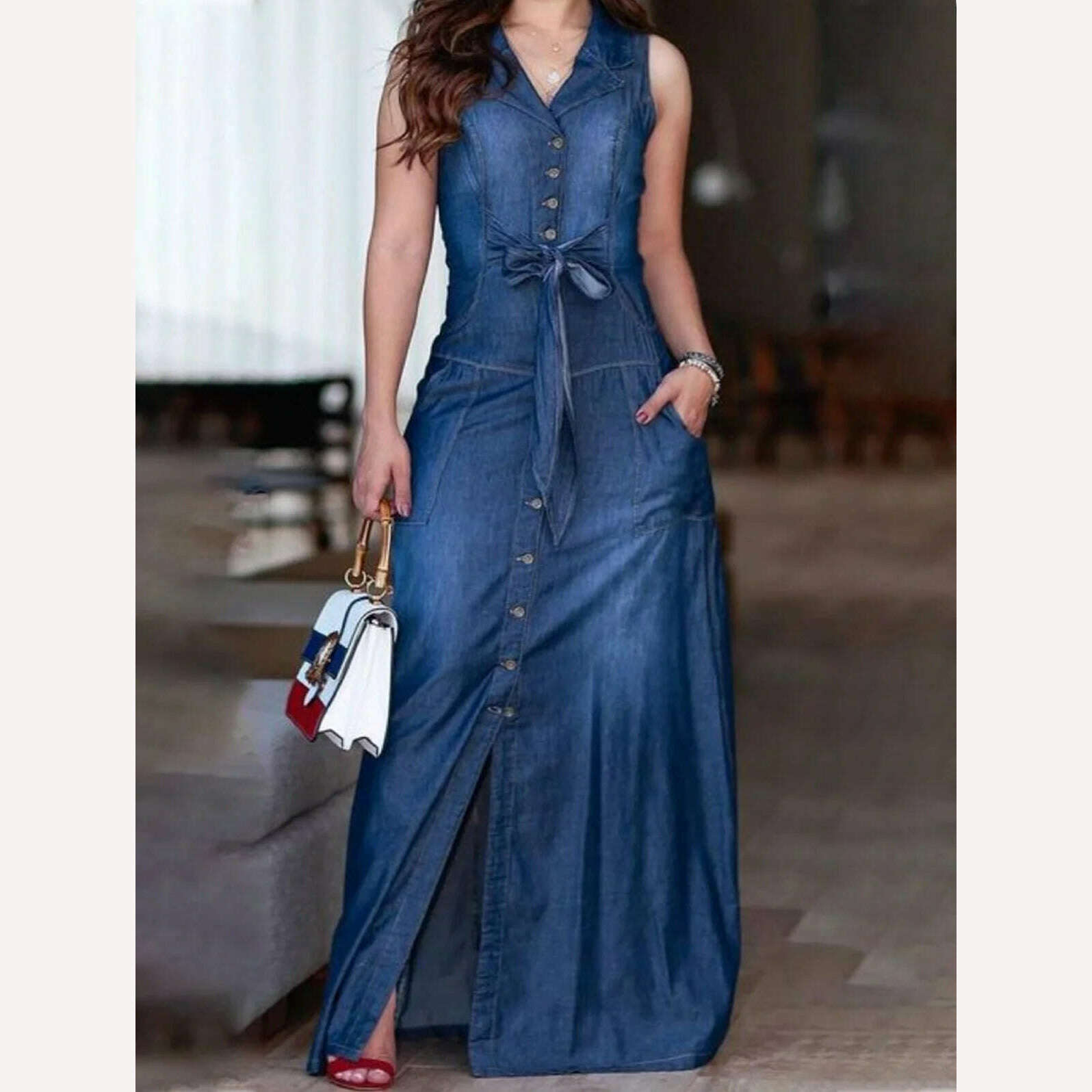 Women Denim Dress Sleeveless Square Collar Sling Jean Slim Fit Long Dress Summer Elegant Female Buttons Maxi Dress Solid Robes - KIMLUD