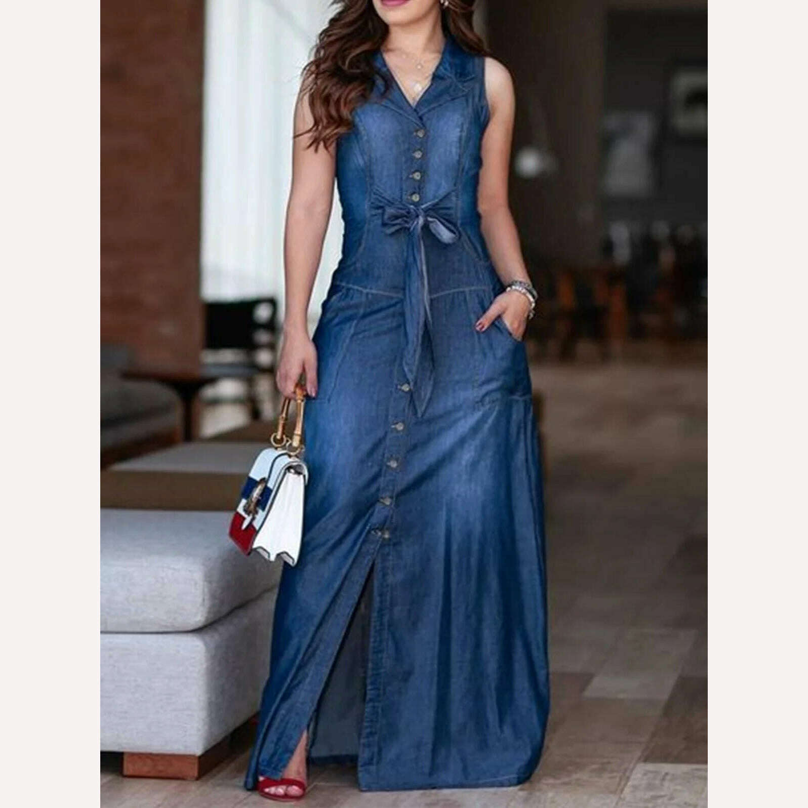 Women Denim Dress Sleeveless Square Collar Sling Jean Slim Fit Long Dress Summer Elegant Female Buttons Maxi Dress Solid Robes - KIMLUD