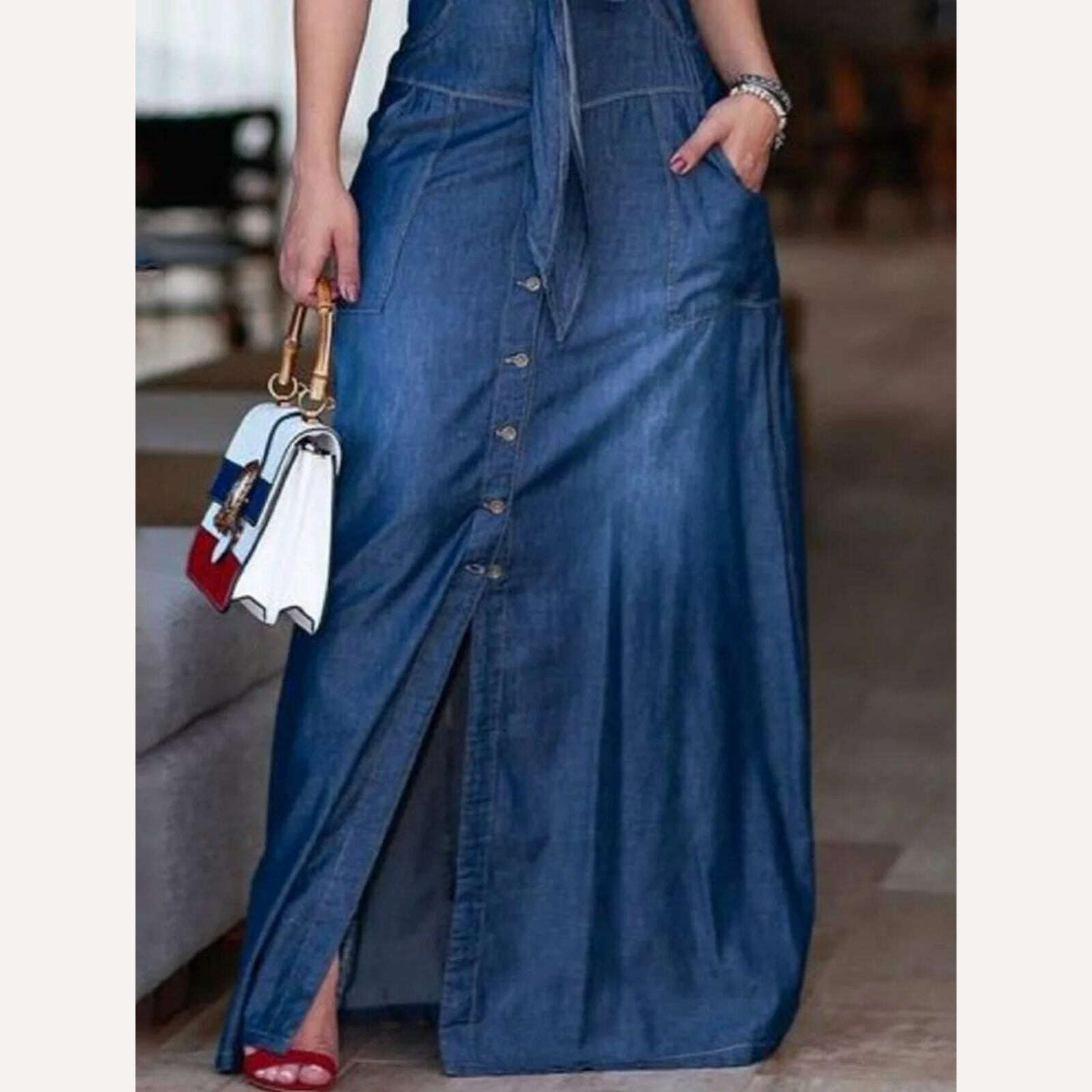 Women Denim Dress Sleeveless Square Collar Sling Jean Slim Fit Long Dress Summer Elegant Female Buttons Maxi Dress Solid Robes - KIMLUD