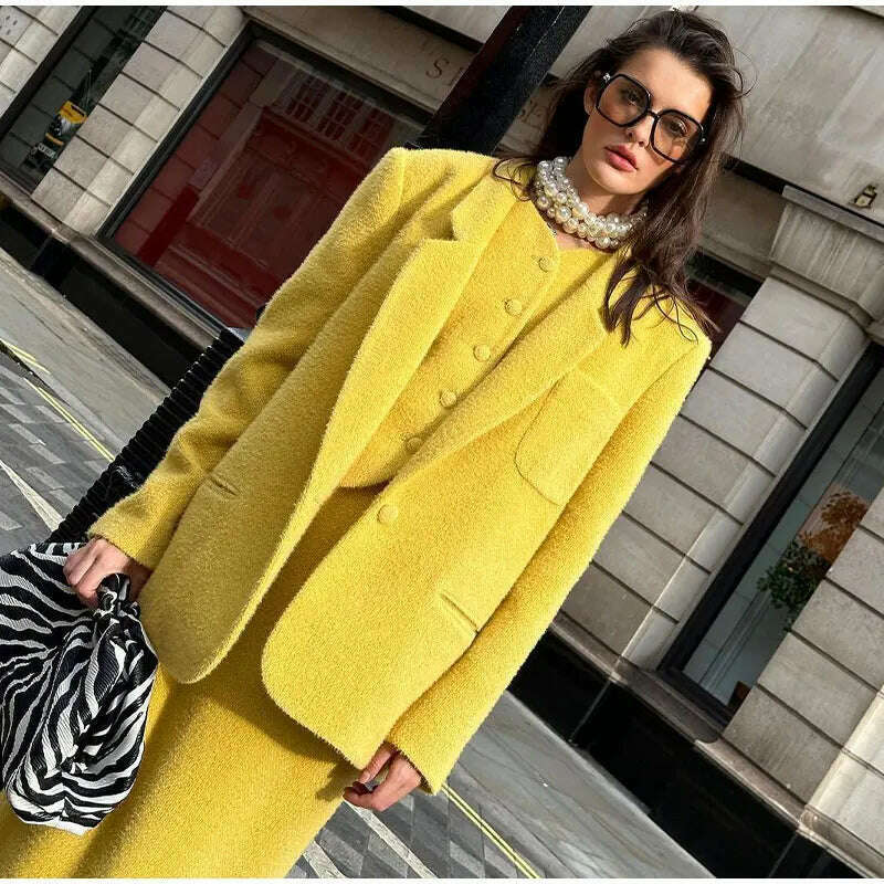 Women Fashion Yellow Skirt Sets Fashion Turn-down Neck Long Sleeve Top High Waist Skirt Two-piece Set Casual Autumn Outifits - KIMLUD