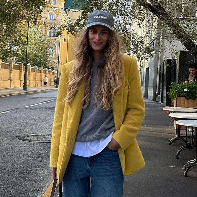 Women Fashion Yellow Skirt Sets Fashion Turn-down Neck Long Sleeve Top High Waist Skirt Two-piece Set Casual Autumn Outifits - KIMLUD