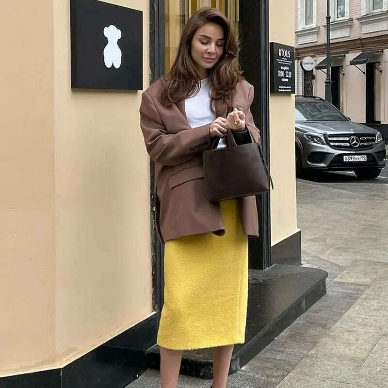 Women Fashion Yellow Skirt Sets Fashion Turn-down Neck Long Sleeve Top High Waist Skirt Two-piece Set Casual Autumn Outifits - KIMLUD